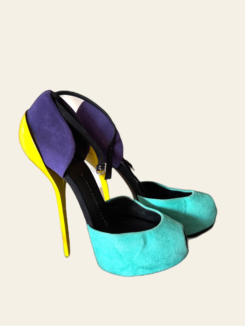 Gisueppe Zanotti Colorblock Suede Platform Pumps in Turquoise, Purple & Yellow